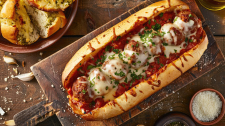 Top view of a meatball sub with marinara sauce and melted provolone cheese on a toasted hoagie roll, served with a side of garlic breadsticks.の素材
