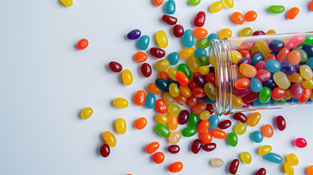 Top view of a rainbow of jelly beans spilling out of a clear glass container onto a white surface, creating a cheerful and playful atmosphere.の素材