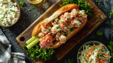 Top view of a lobster roll with chunks of lobster meat, mayo, and celery in a toasted New England-style bun, accompanied by a side of coleslaw.の素材