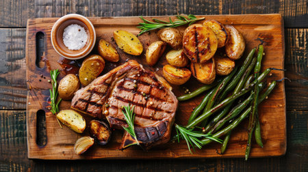 Top view of a pork steak with a side of garlic roasted potatoes and green beans, served on a wooden board. Suitable for classic and comforting meal visuals.の素材