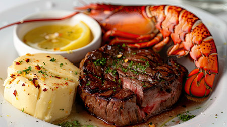 Steak and lobster served with a side of drawn butter and lemon wedgesの素材