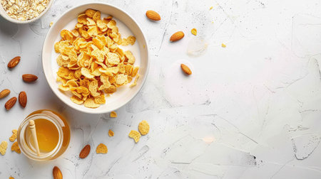 Top view of a refreshing breakfast with a bowl of cornflakes and milk, accompanied by a small jar of honey and a few scattered almondsの素材