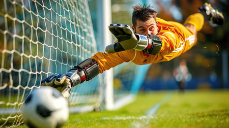 Soccer goalkeeper making a diving save during a matchの素材