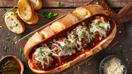 Top view of a meatball sub with marinara sauce and melted provolone cheese on a toasted hoagie roll, served with a side of garlic breadsticks.の素材