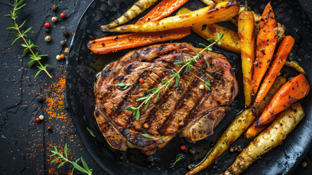 Top view of a pork steak with a side of roasted carrots and parsnips, garnished with fresh thyme. Perfect for rustic and hearty dining themes.の素材