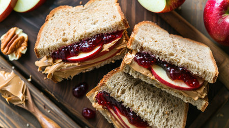 Top view of a peanut butter and jelly sandwich with creamy peanut butter and grape jelly on whole wheat bread, cut into triangles and served with apple slices.の素材