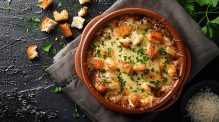 Top view of a rich and savory French onion soup, topped with melted cheese and croutons, served in a traditional bowl on a dark backgroundの素材
