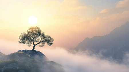 Sunrise over a foggy mountain landscape with a lone treeの素材