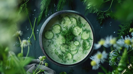 Top view of a light and refreshing bowl of cucumber dill soup, served chilled on a summer tableの素材