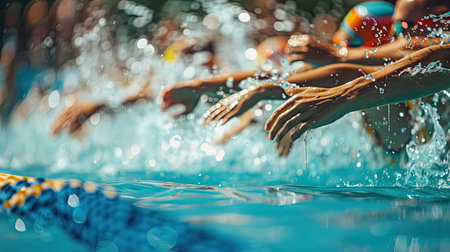 Swimmers diving into the pool at the start of a race, water splashingの素材