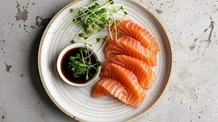Top view of a minimalist salmon sashimi plate with a side of ponzu sauce and microgreens. Ideal for simple and sophisticated dining visuals.の素材