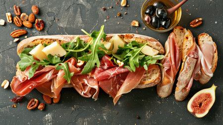 Top view of a prosciutto and fig sandwich with arugula and brie cheese on a baguette, served with a side of mixed nuts and dried fruits.の素材