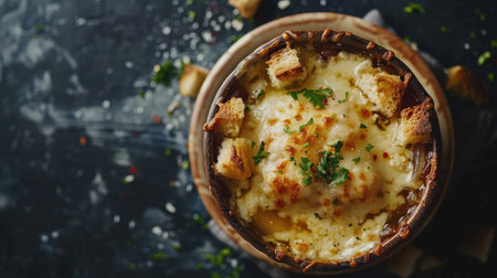 Top view of a rich and savory French onion soup, topped with melted cheese and croutons, served in a traditional bowl on a dark backgroundの素材