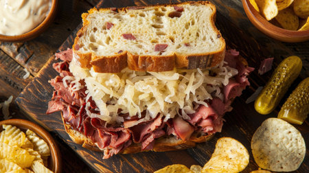 Top view of a Reuben sandwich with corned beef, Swiss cheese, sauerkraut, and Russian dressing on rye bread, served with a dill pickle and chips.の素材