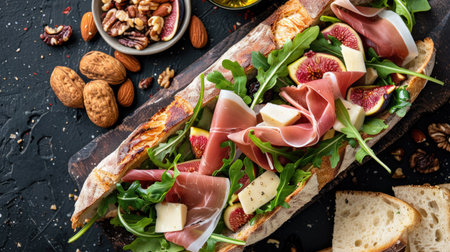 Top view of a prosciutto and fig sandwich with arugula and brie cheese on a baguette, served with a side of mixed nuts and dried fruits.の素材