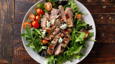 Top view of a pork steak salad with mixed greens, cherry tomatoes, blue cheese crumbles, and a balsamic vinaigrette. Ideal for healthy and nutritious meal ideas.の素材