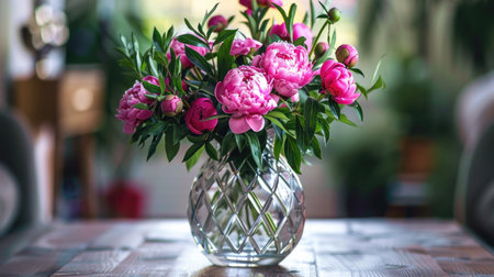 Sleek glass vase with a geometric pattern, showcasing a vibrant bouquet of pink peonies and green foliageの素材