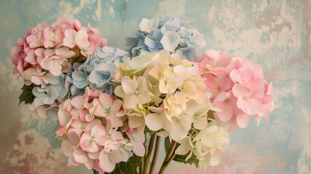 Soft pastel hydrangea blooms in a vintage-style floral arrangement, ideal for a romantic settingの素材