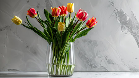 Sleek modern glass vase with a geometric design, showcasing a vibrant bouquet of mixed tulips and greenery against a minimalist backgroundの素材