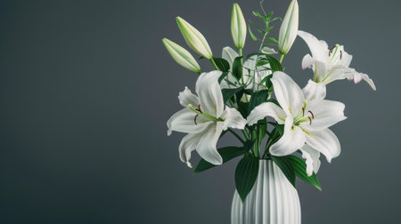Trendy tall ceramic vase with a glossy finish, holding a fresh mix of white lilies and delicate greeneryの素材