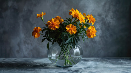 Sleek glass vase with a minimalist shape, filled with a stylish arrangement of bright yellow marigolds and green leavesの素材