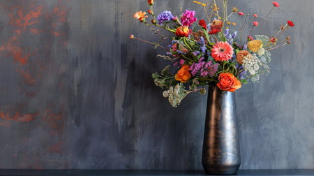 Stylish tall metal vase with a brushed finish, displaying a vibrant mix of mixed blooms and green stemsの素材