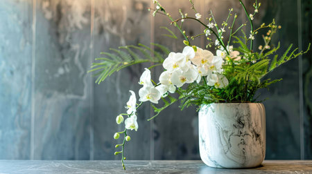 Trendy marble vase with a minimalist design, filled with a fresh mix of white orchids and delicate greeneryの素材