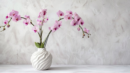 Stylish vase with a unique shape and texture, holding a fresh bouquet of purple orchids and green stemsの素材