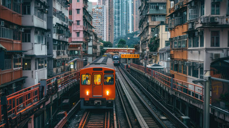 Train passing through a dense urban area with skyscrapersの素材