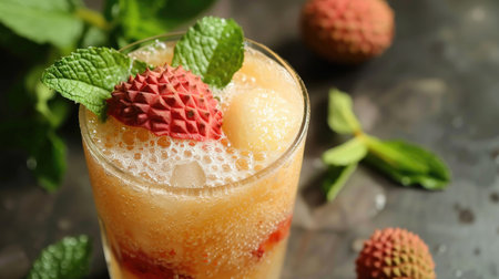Tropical lychee juice in a glass with a lychee slice and mint leavesの素材