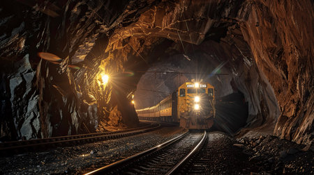 Train traveling through a tunnel with bright lights aheadの素材