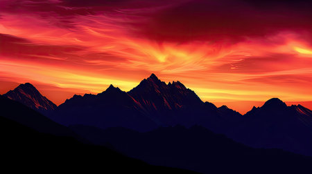 Mountain range silhouetted against a vibrant sunset skyの素材