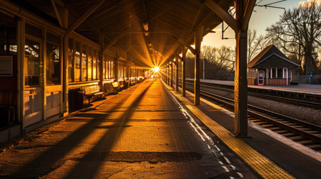 Train station at sunset with long shadows and warm lightの素材