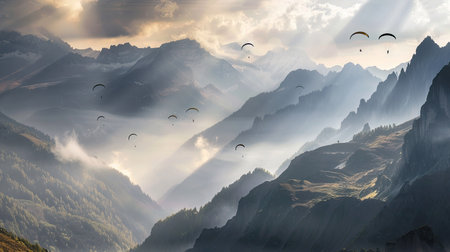 Paragliders soaring above a stunning mountain landscapeの素材