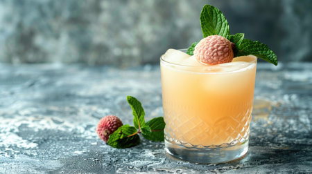 Tropical lychee juice in a glass with a lychee slice and mint leavesの素材
