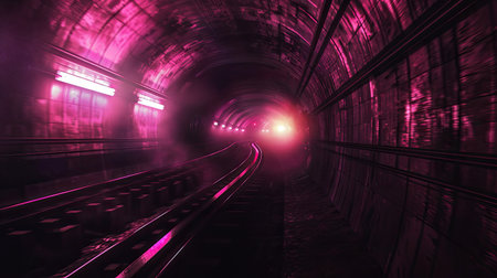 Train traveling through a tunnel with bright lights aheadの素材