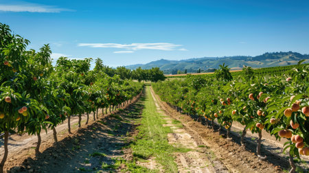 Orchard with rows of peach trees and a clear blue skyの素材