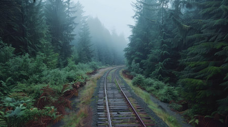 Train tracks running through a dense forest with morning mistの素材