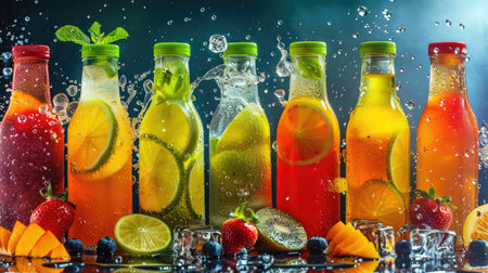 Variety of freshly squeezed fruit juices in glass bottles with fresh fruits and ice cubesの素材