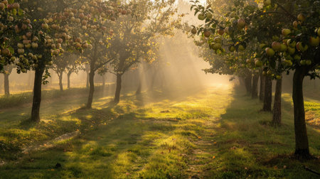 Orchard in early morning with mist rising and sunlight filtering through treesの素材