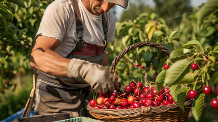 Orchard worker placing freshly picked cherries into a basketの素材
