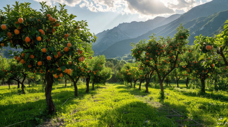 Orchard with apricot trees bearing ripe, juicy apricots on a sunny dayの素材