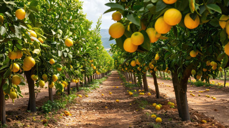 Orchard with rows of lemon trees bearing ripe lemonsの素材