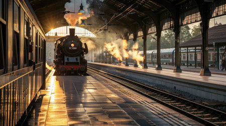 Old-fashioned train station with a steam locomotive waiting on the platformの素材
