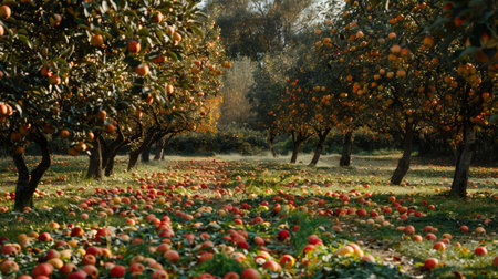 Orchard with apple trees and freshly fallen apples on the groundの素材