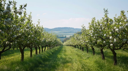 Orchard in spring with blooming pear trees under a clear skyの素材