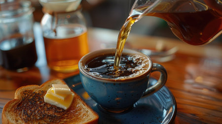 Freshly brewed coffee being poured into a mug with a side of buttered toast.の素材