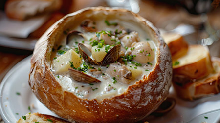 New England clam chowder with chunks of potato and clams in a creamy broth, served in a bread bowlの素材