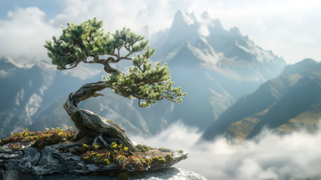 Bonsai tree with a dramatic mountain landscape in the background, creating a picturesque scene.の素材