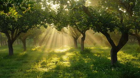 Orchard in the morning with sunlight filtering through the treesの素材